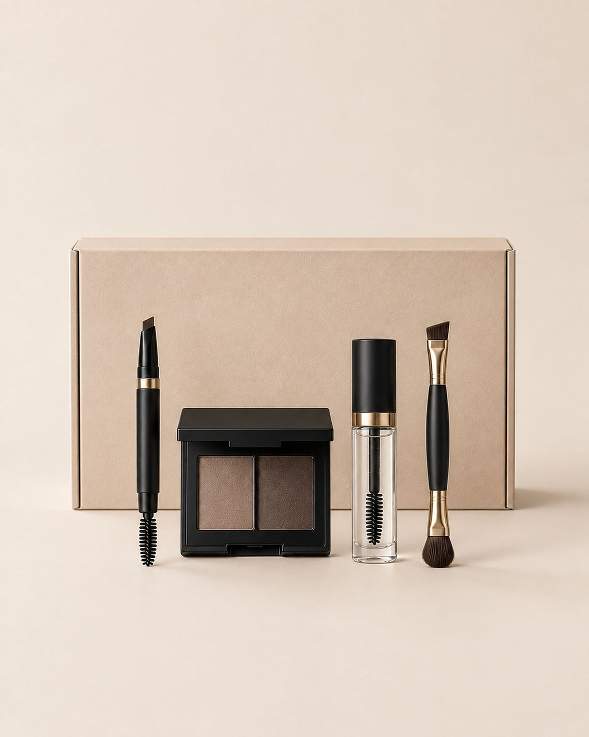 Coffret Sourcils Parfaits, les quatre produits devant leur étui