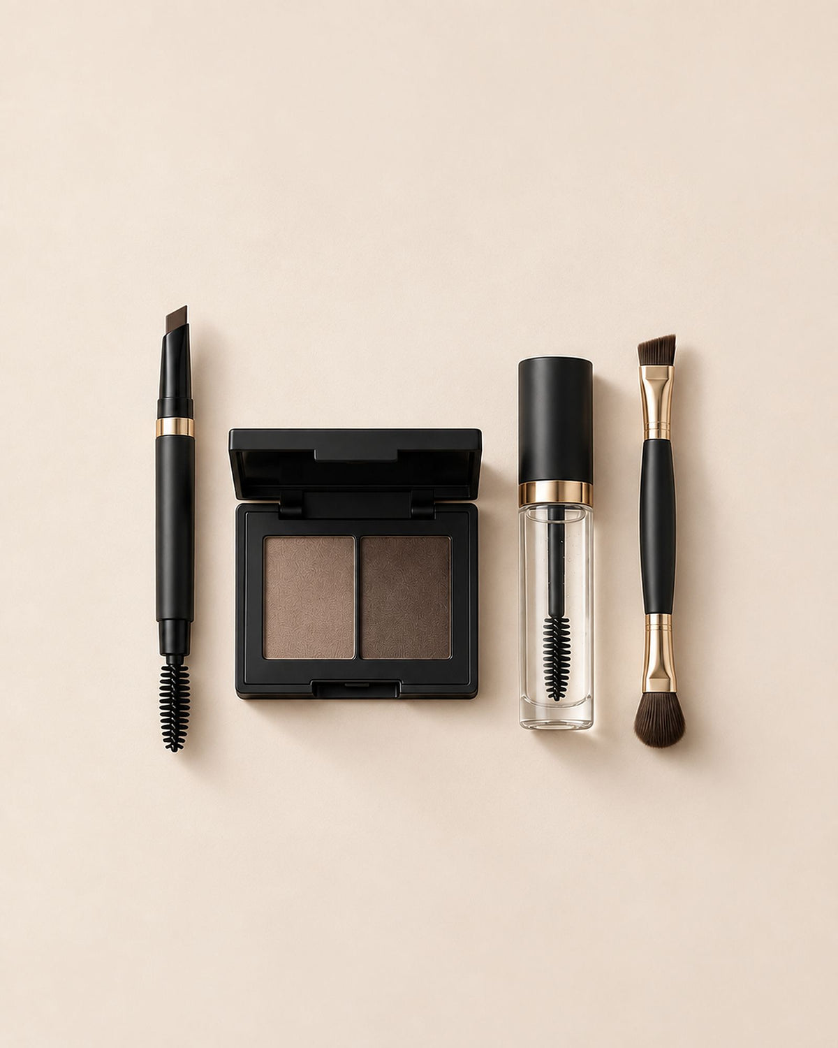 Coffret Sourcils Parfaits, les quatre produits posés, la poudre ouverte