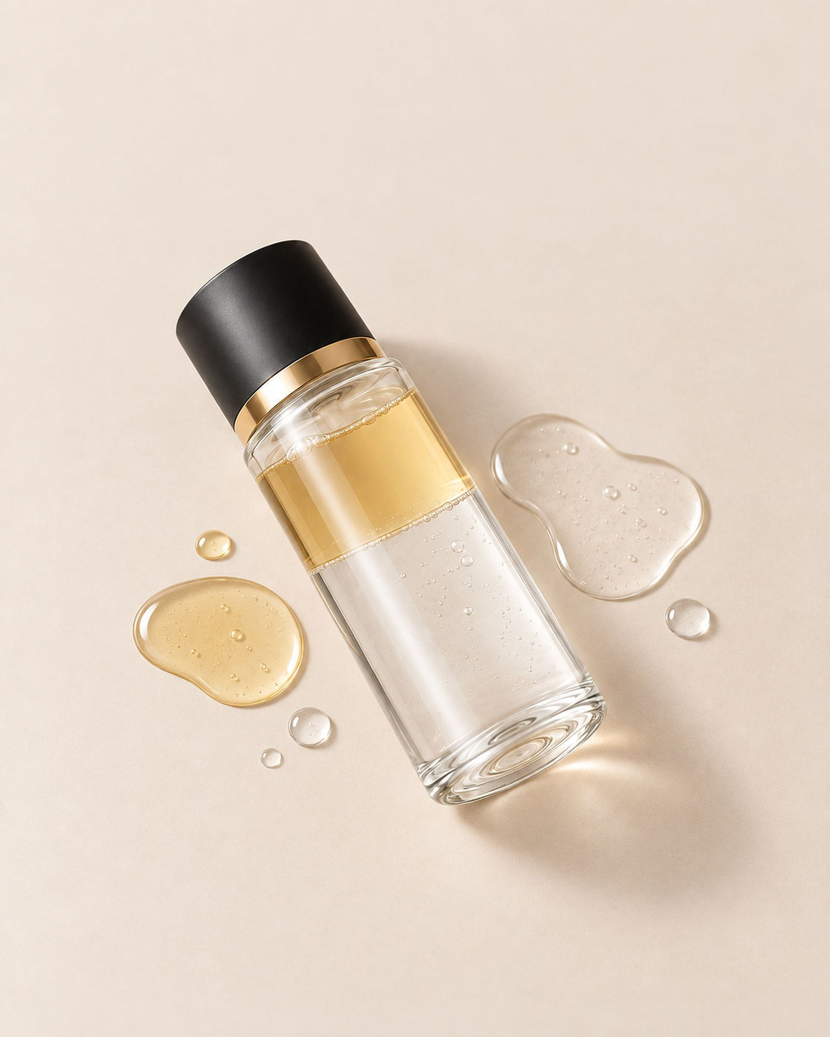 Démaquillant Yeux Biphasé, gouttes d’huile et d’eau à côté du flacon